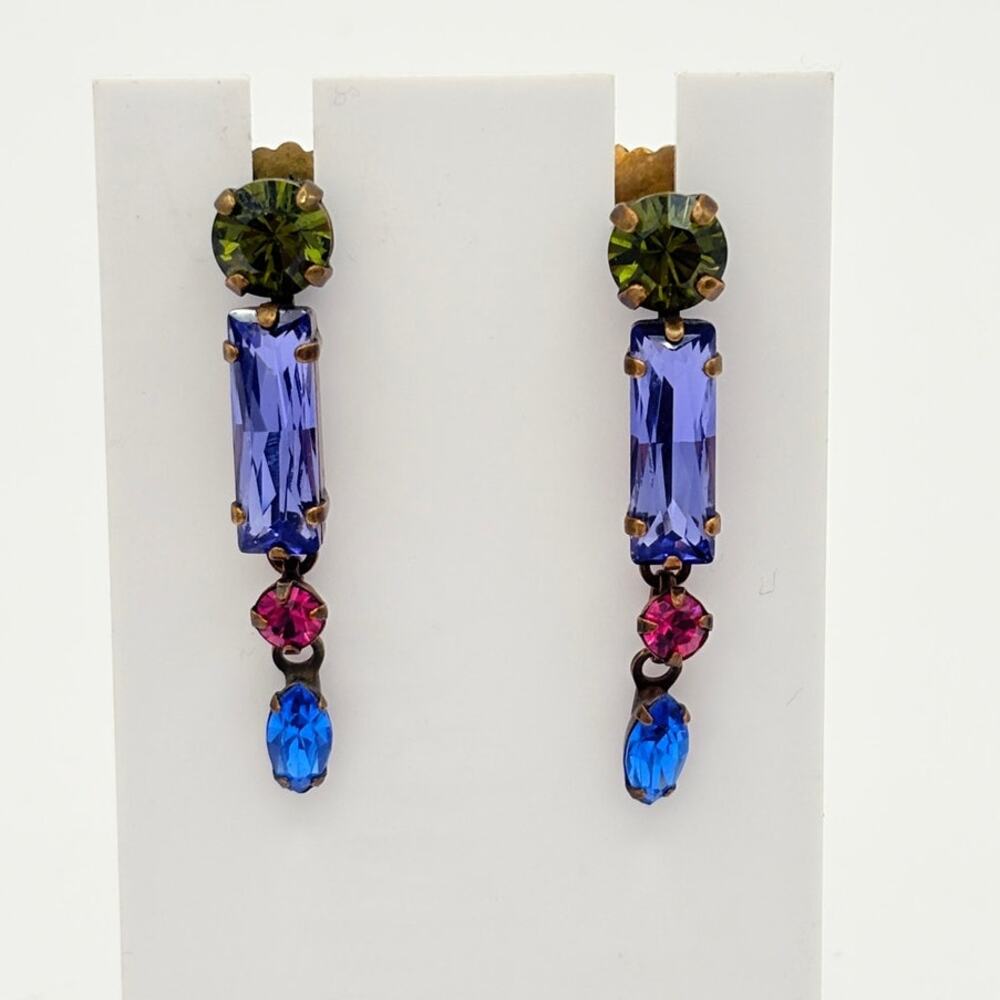Sorrelli Multicolor Crystal Drop Earrings Brass Tone Swarovski 2000s Jewelry